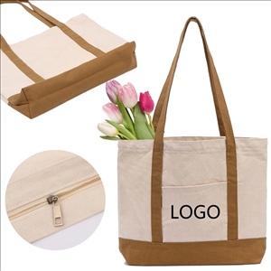 Canvas Zipper Tote Bag With Front Pocket
